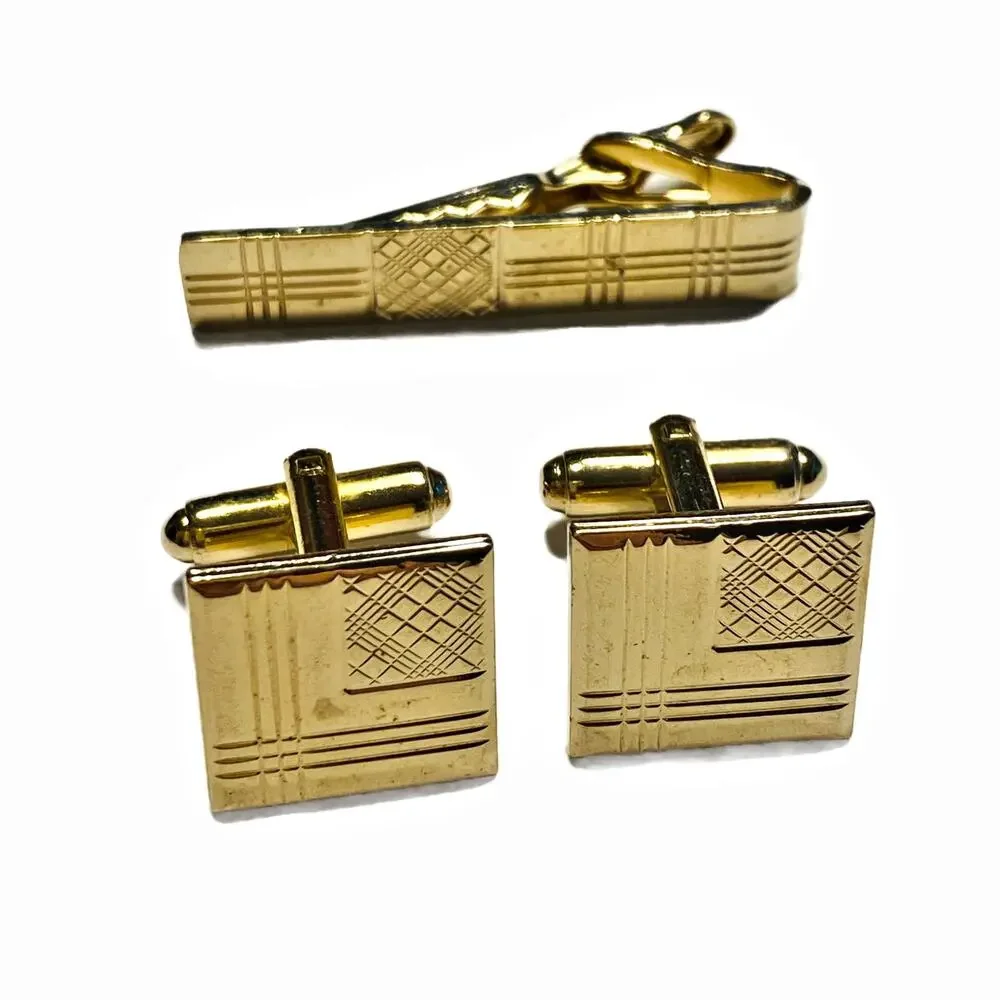 Vintage Mid Century Men’s jewelry Set Cufflinks & Tie Bar Gold Geometric Squares